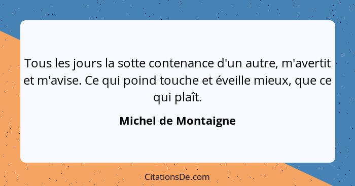 Tous les jours la sotte contenance d'un autre, m'avertit et m'avise. Ce qui poind touche et éveille mieux, que ce qui plaît.... - Michel de Montaigne