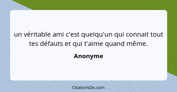 un véritable ami c'est quelqu'un qui connait tout tes défauts et qui t'aime quand même.... - Anonyme