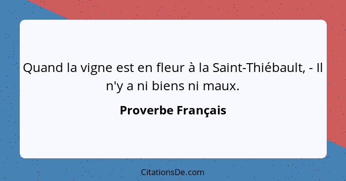 Quand la vigne est en fleur à la Saint-Thiébault, - Il n'y a ni biens ni maux.... - Proverbe Français