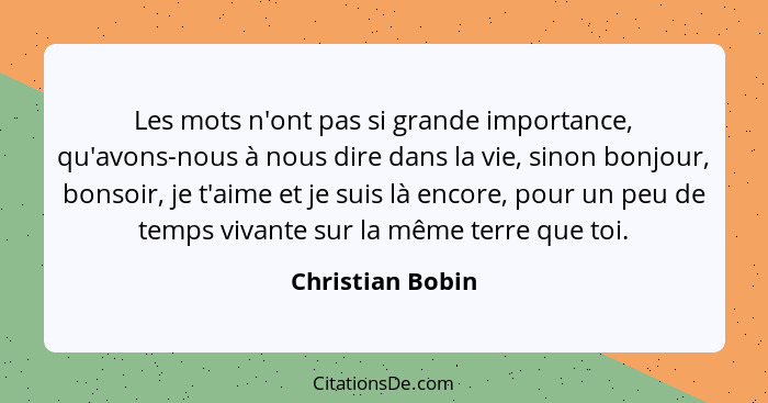 Les mots n'ont pas si grande importance, qu'avons-nous à nous dire dans la vie, sinon bonjour, bonsoir, je t'aime et je suis là enco... - Christian Bobin