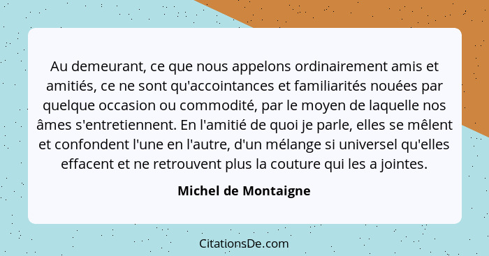 Au demeurant, ce que nous appelons ordinairement amis et amitiés, ce ne sont qu'accointances et familiarités nouées par quelque... - Michel de Montaigne