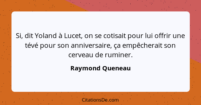 Si, dit Yoland à Lucet, on se cotisait pour lui offrir une tévé pour son anniversaire, ça empêcherait son cerveau de ruminer.... - Raymond Queneau