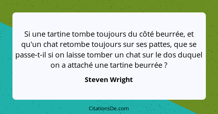 Si une tartine tombe toujours du côté beurrée, et qu'un chat retombe toujours sur ses pattes, que se passe-t-il si on laisse tomber un... - Steven Wright