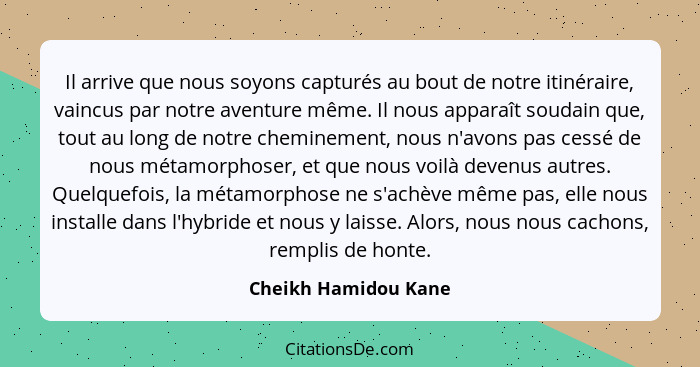 Il arrive que nous soyons capturés au bout de notre itinéraire, vaincus par notre aventure même. Il nous apparaît soudain que, t... - Cheikh Hamidou Kane