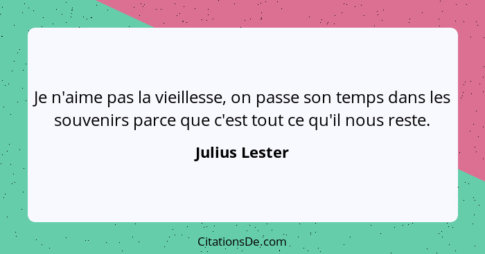 Je n'aime pas la vieillesse, on passe son temps dans les souvenirs parce que c'est tout ce qu'il nous reste.... - Julius Lester