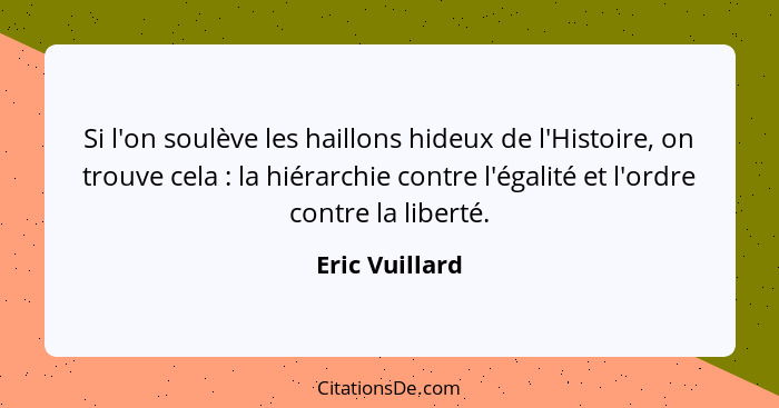 Si l'on soulève les haillons hideux de l'Histoire, on trouve cela : la hiérarchie contre l'égalité et l'ordre contre la liberté.... - Eric Vuillard