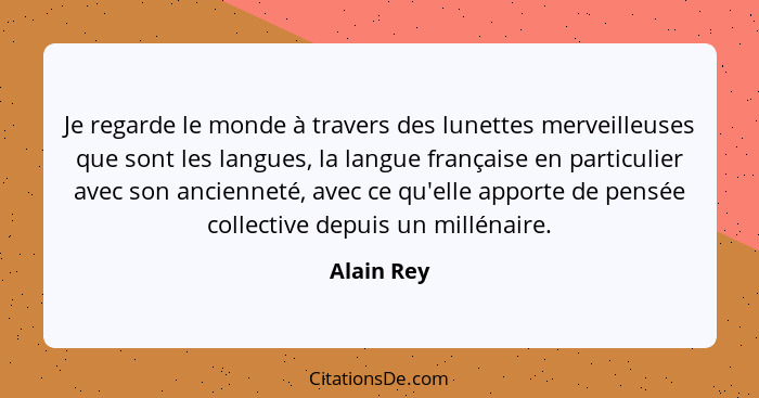 Je regarde le monde à travers des lunettes merveilleuses que sont les langues, la langue française en particulier avec son ancienneté, ave... - Alain Rey