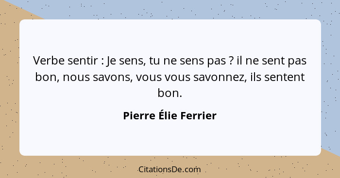 Verbe sentir : Je sens, tu ne sens pas ? il ne sent pas bon, nous savons, vous vous savonnez, ils sentent bon.... - Pierre Élie Ferrier