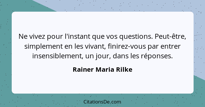Ne vivez pour l'instant que vos questions. Peut-être, simplement en les vivant, finirez-vous par entrer insensiblement, un jour,... - Rainer Maria Rilke