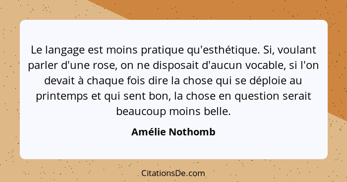 Le langage est moins pratique qu'esthétique. Si, voulant parler d'une rose, on ne disposait d'aucun vocable, si l'on devait à chaque... - Amélie Nothomb