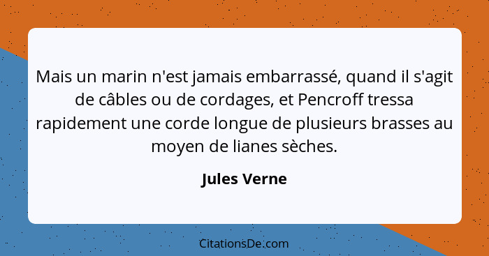 Mais un marin n'est jamais embarrassé, quand il s'agit de câbles ou de cordages, et Pencroff tressa rapidement une corde longue de plusi... - Jules Verne