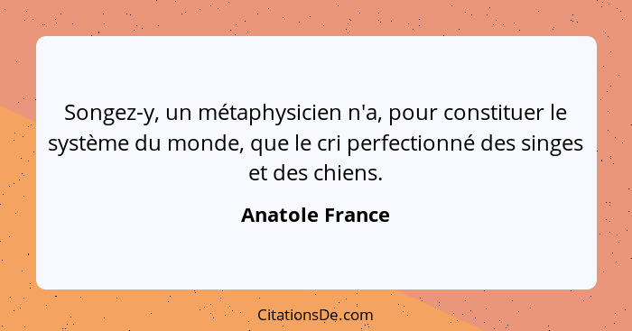 Songez-y, un métaphysicien n'a, pour constituer le système du monde, que le cri perfectionné des singes et des chiens.... - Anatole France