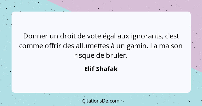 Donner un droit de vote égal aux ignorants, c'est comme offrir des allumettes à un gamin. La maison risque de bruler.... - Elif Shafak