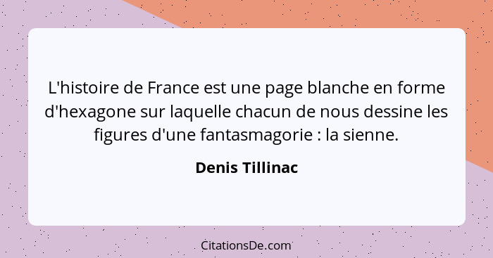 L'histoire de France est une page blanche en forme d'hexagone sur laquelle chacun de nous dessine les figures d'une fantasmagorie&nbs... - Denis Tillinac
