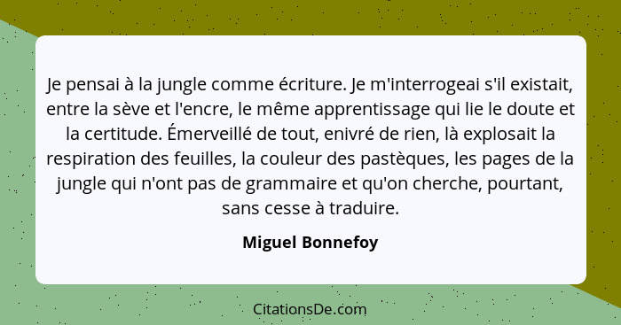 Je pensai à la jungle comme écriture. Je m'interrogeai s'il existait, entre la sève et l'encre, le même apprentissage qui lie le dou... - Miguel Bonnefoy