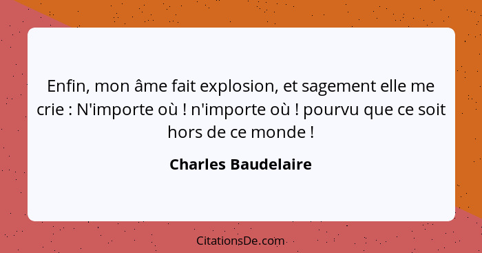 Enfin, mon âme fait explosion, et sagement elle me crie : N'importe où ! n'importe où ! pourvu que ce soit hors de... - Charles Baudelaire