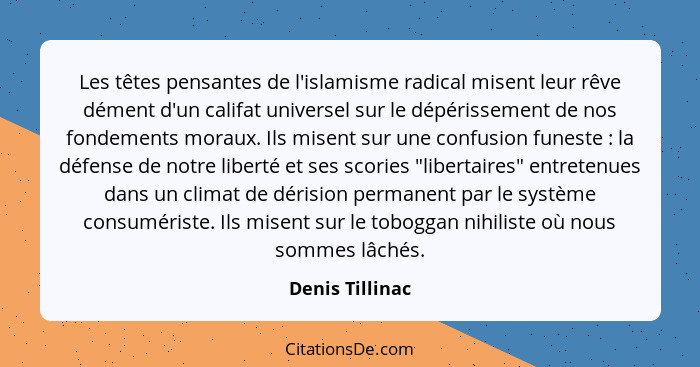 Les têtes pensantes de l'islamisme radical misent leur rêve dément d'un califat universel sur le dépérissement de nos fondements mora... - Denis Tillinac