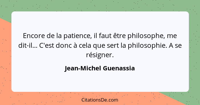 Encore de la patience, il faut être philosophe, me dit-il... C'est donc à cela que sert la philosophie. A se résigner.... - Jean-Michel Guenassia