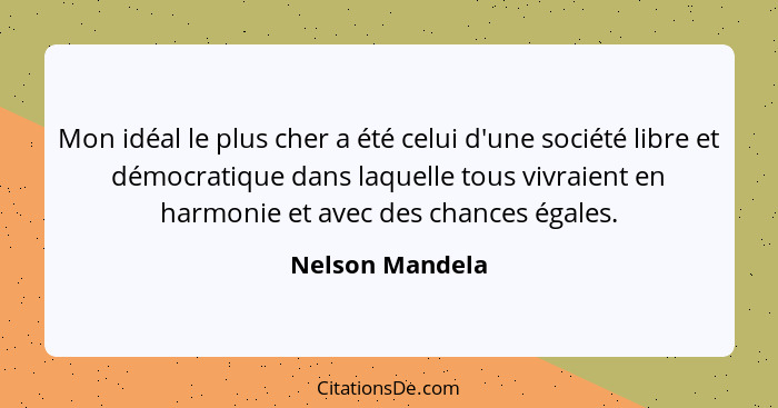 Mon idéal le plus cher a été celui d'une société libre et démocratique dans laquelle tous vivraient en harmonie et avec des chances é... - Nelson Mandela