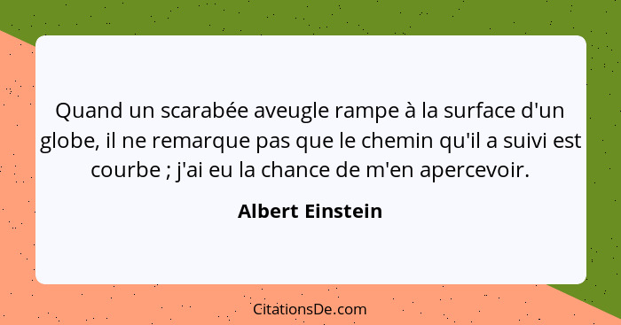 Quand un scarabée aveugle rampe à la surface d'un globe, il ne remarque pas que le chemin qu'il a suivi est courbe ; j'ai eu la... - Albert Einstein