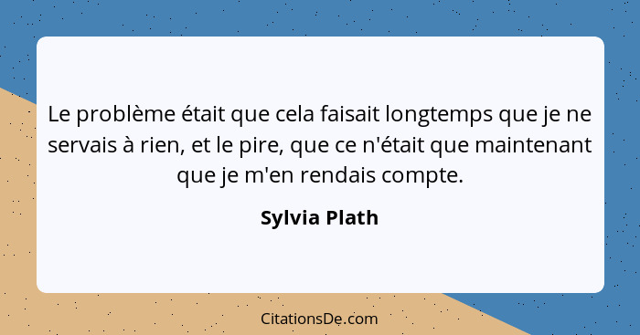 Le problème était que cela faisait longtemps que je ne servais à rien, et le pire, que ce n'était que maintenant que je m'en rendais co... - Sylvia Plath