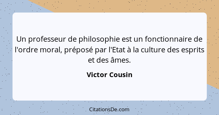 Un professeur de philosophie est un fonctionnaire de l'ordre moral, préposé par l'Etat à la culture des esprits et des âmes.... - Victor Cousin