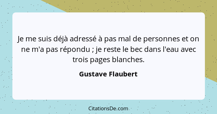 Je me suis déjà adressé à pas mal de personnes et on ne m'a pas répondu ; je reste le bec dans l'eau avec trois pages blanches... - Gustave Flaubert