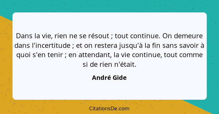 Dans la vie, rien ne se résout ; tout continue. On demeure dans l'incertitude ; et on restera jusqu'à la fin sans savoir à quoi... - André Gide