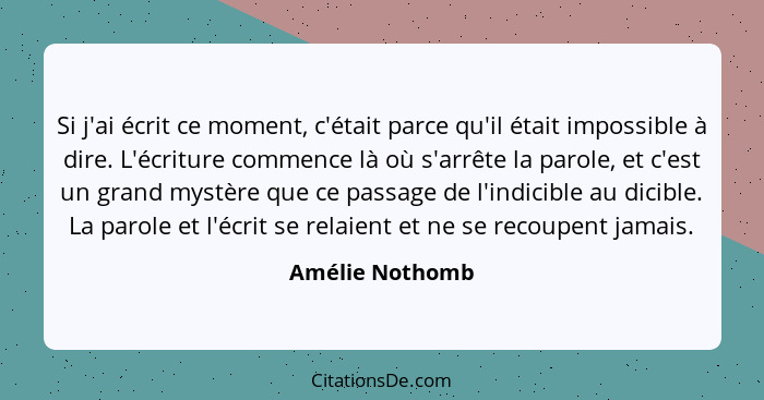 Si j'ai écrit ce moment, c'était parce qu'il était impossible à dire. L'écriture commence là où s'arrête la parole, et c'est un grand... - Amélie Nothomb