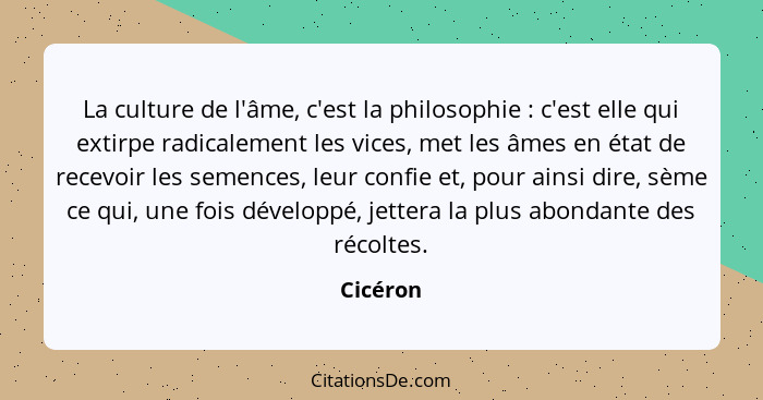 La culture de l'âme, c'est la philosophie : c'est elle qui extirpe radicalement les vices, met les âmes en état de recevoir les semence... - Cicéron