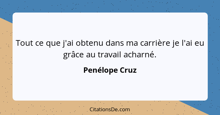 Tout ce que j'ai obtenu dans ma carrière je l'ai eu grâce au travail acharné.... - Penélope Cruz