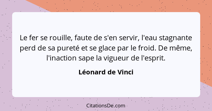 Le fer se rouille, faute de s'en servir, l'eau stagnante perd de sa pureté et se glace par le froid. De même, l'inaction sape la vi... - Léonard de Vinci