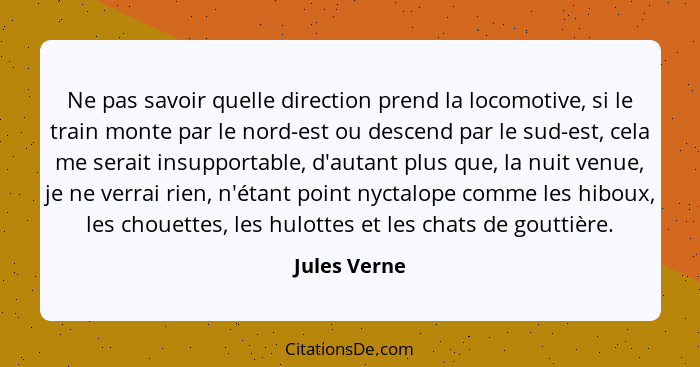 Ne pas savoir quelle direction prend la locomotive, si le train monte par le nord-est ou descend par le sud-est, cela me serait insuppor... - Jules Verne