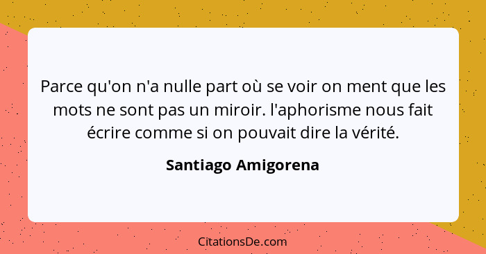 Parce qu'on n'a nulle part où se voir on ment que les mots ne sont pas un miroir. l'aphorisme nous fait écrire comme si on pouvai... - Santiago Amigorena