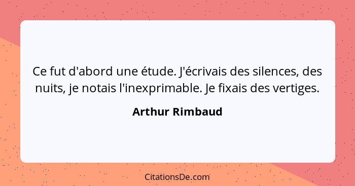 Ce fut d'abord une étude. J'écrivais des silences, des nuits, je notais l'inexprimable. Je fixais des vertiges.... - Arthur Rimbaud