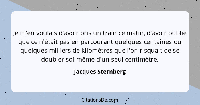 Je m'en voulais d'avoir pris un train ce matin, d'avoir oublié que ce n'était pas en parcourant quelques centaines ou quelques mil... - Jacques Sternberg