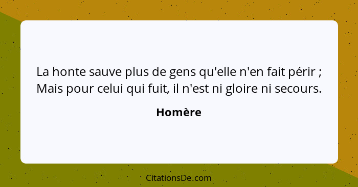 La honte sauve plus de gens qu'elle n'en fait périr ; Mais pour celui qui fuit, il n'est ni gloire ni secours.... - Homère