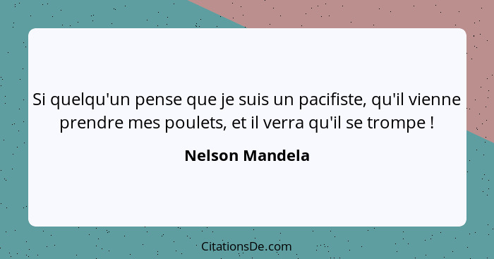 Si quelqu'un pense que je suis un pacifiste, qu'il vienne prendre mes poulets, et il verra qu'il se trompe !... - Nelson Mandela