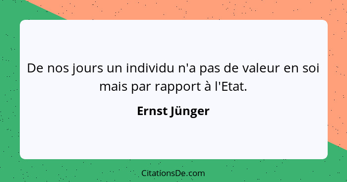 De nos jours un individu n'a pas de valeur en soi mais par rapport à l'Etat.... - Ernst Jünger