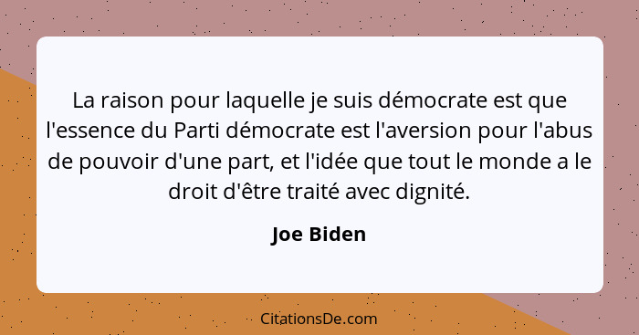 La raison pour laquelle je suis démocrate est que l'essence du Parti démocrate est l'aversion pour l'abus de pouvoir d'une part, et l'idée... - Joe Biden