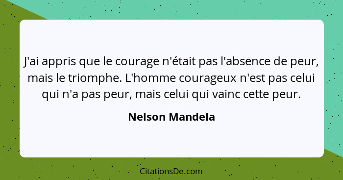 J'ai appris que le courage n'était pas l'absence de peur, mais le triomphe. L'homme courageux n'est pas celui qui n'a pas peur, mais... - Nelson Mandela