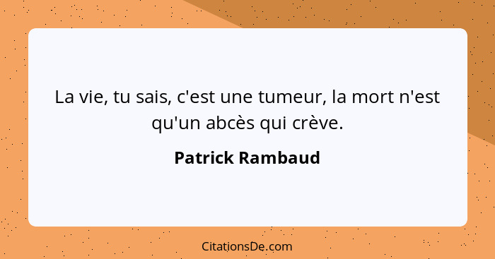 La vie, tu sais, c'est une tumeur, la mort n'est qu'un abcès qui crève.... - Patrick Rambaud