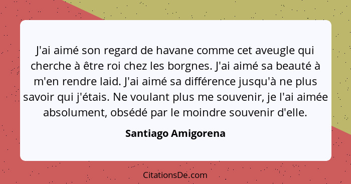 J'ai aimé son regard de havane comme cet aveugle qui cherche à être roi chez les borgnes. J'ai aimé sa beauté à m'en rendre laid.... - Santiago Amigorena