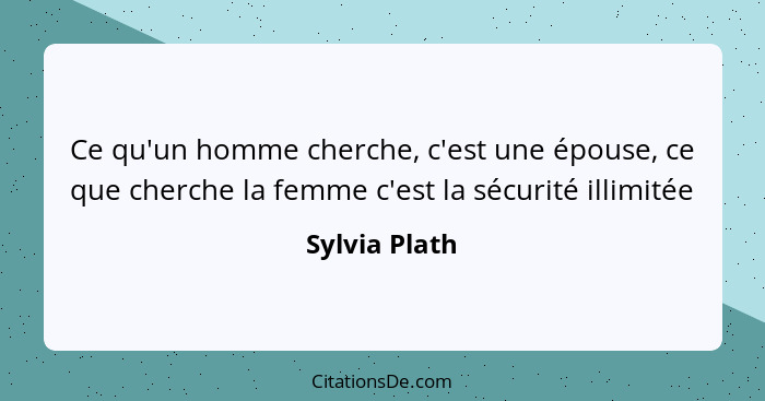 Ce qu'un homme cherche, c'est une épouse, ce que cherche la femme c'est la sécurité illimitée... - Sylvia Plath