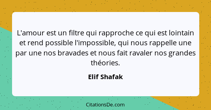 L'amour est un filtre qui rapproche ce qui est lointain et rend possible l'impossible, qui nous rappelle une par une nos bravades et nou... - Elif Shafak