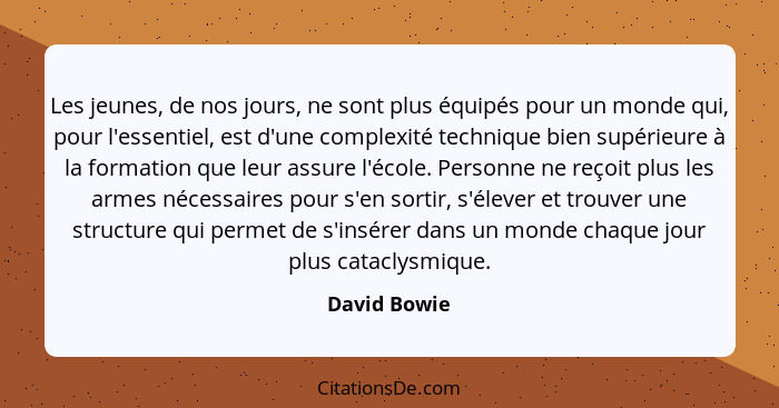 Les jeunes, de nos jours, ne sont plus équipés pour un monde qui, pour l'essentiel, est d'une complexité technique bien supérieure à la... - David Bowie