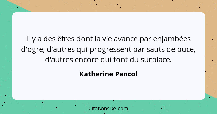 Il y a des êtres dont la vie avance par enjambées d'ogre, d'autres qui progressent par sauts de puce, d'autres encore qui font du s... - Katherine Pancol