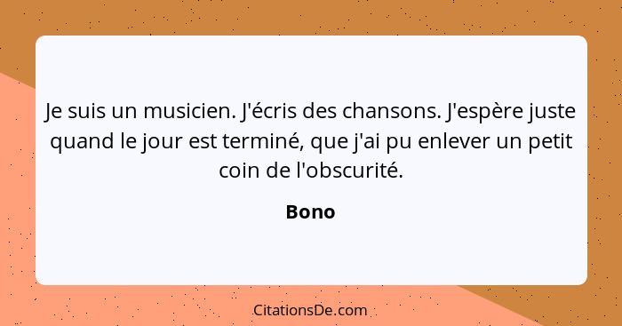 Je suis un musicien. J'écris des chansons. J'espère juste quand le jour est terminé, que j'ai pu enlever un petit coin de l'obscurité.... - Bono