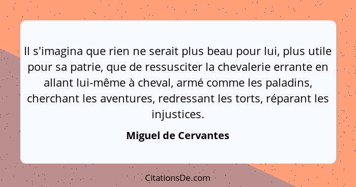 Il s'imagina que rien ne serait plus beau pour lui, plus utile pour sa patrie, que de ressusciter la chevalerie errante en allan... - Miguel de Cervantes