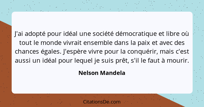 J'ai adopté pour idéal une société démocratique et libre où tout le monde vivrait ensemble dans la paix et avec des chances égales. J... - Nelson Mandela